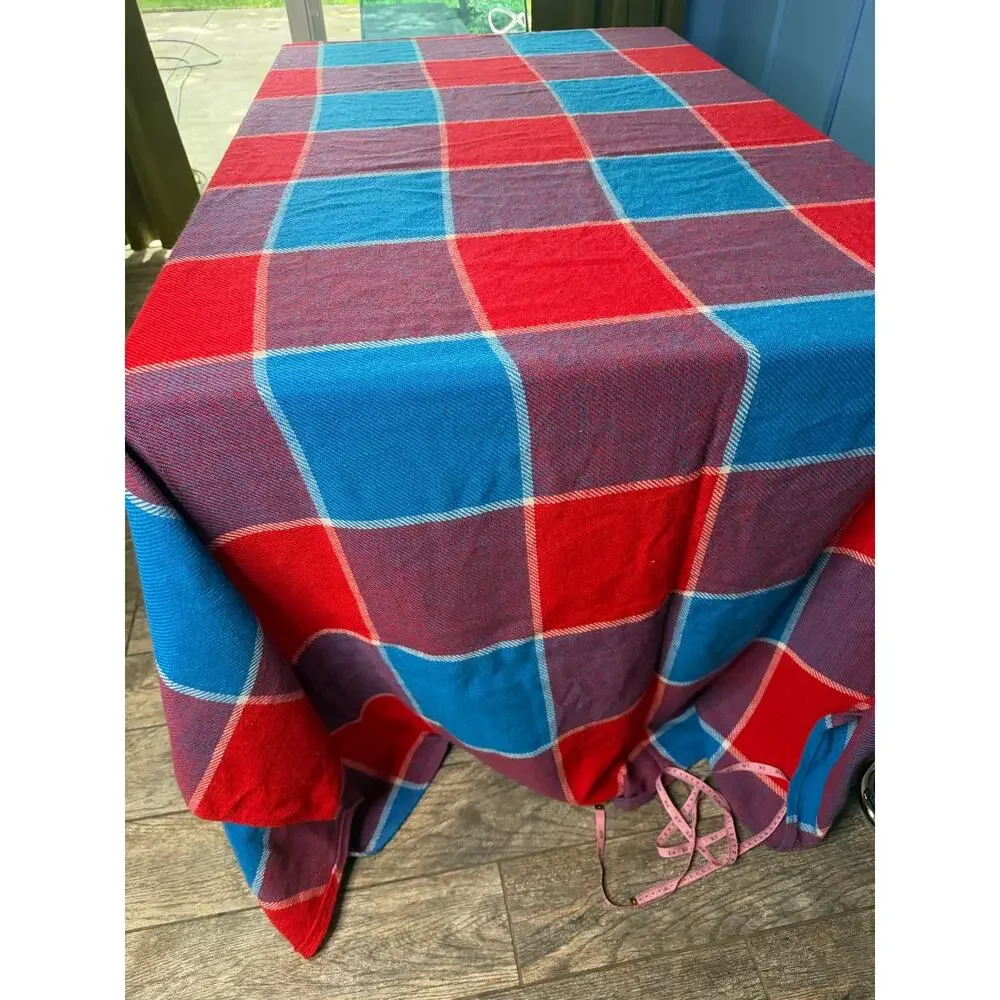 Sears Checkerboard Bedspread Blanket   Blue Red Vintage 80's 74